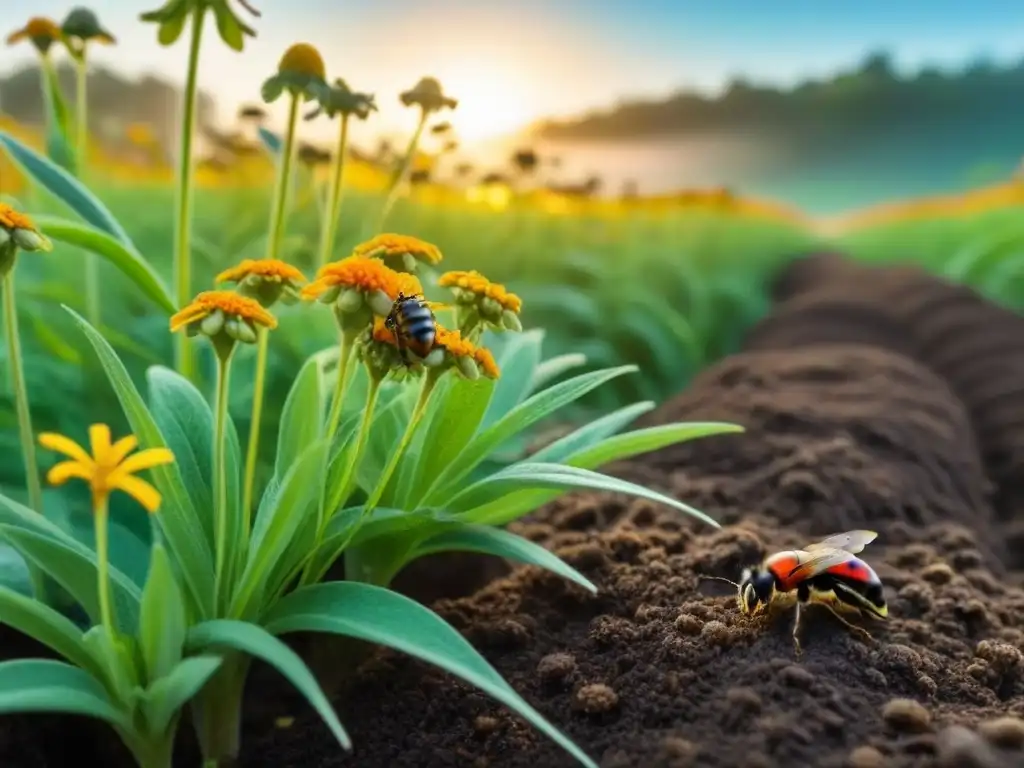 Un ecosistema vibrante y diverso en una finca agroecológica, con flores silvestres, abejas, mariquitas y lombrices en la tierra fértil