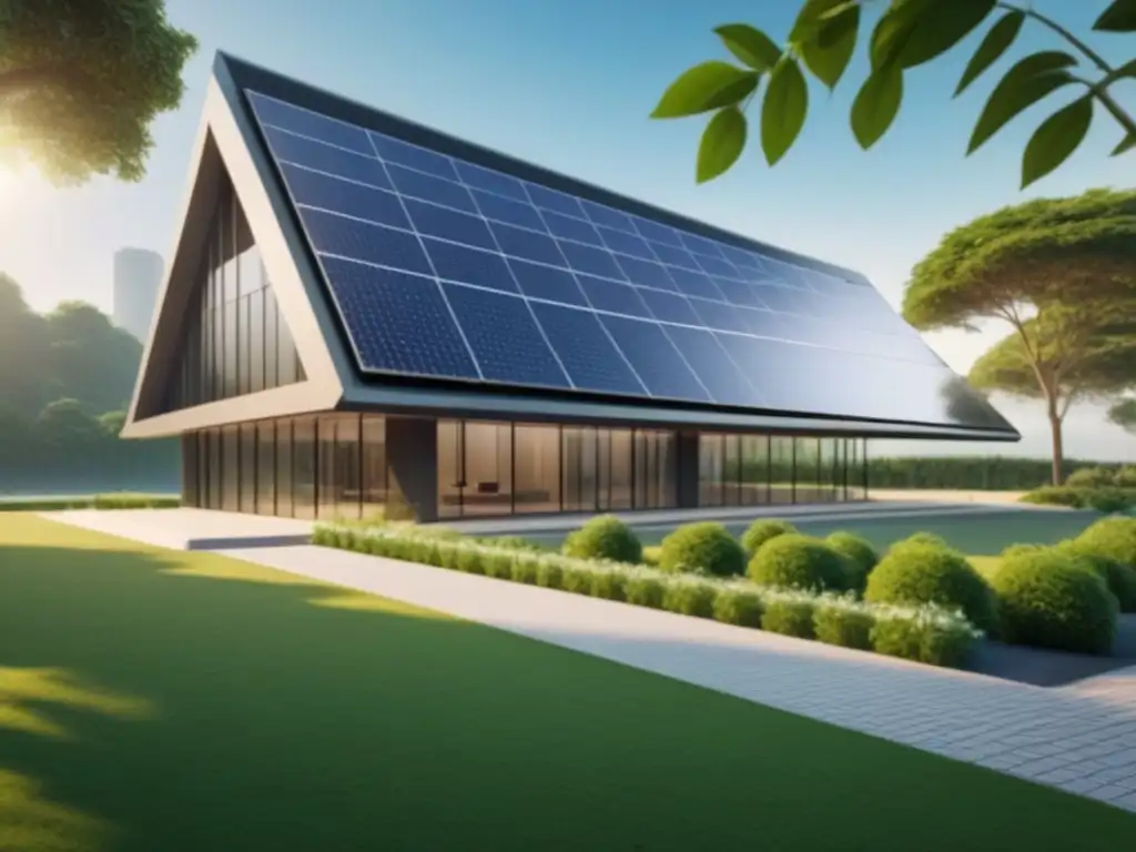 Un edificio corporativo futurista rodeado de vegetación, con paneles solares integrados