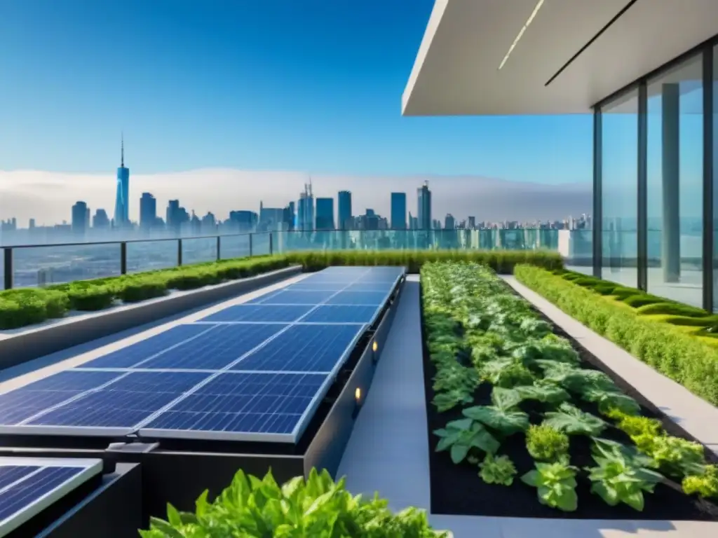 Edificio corporativo con jardín en el techo, paneles solares y cielo azul, simbolizando prácticas sostenibles en empresas