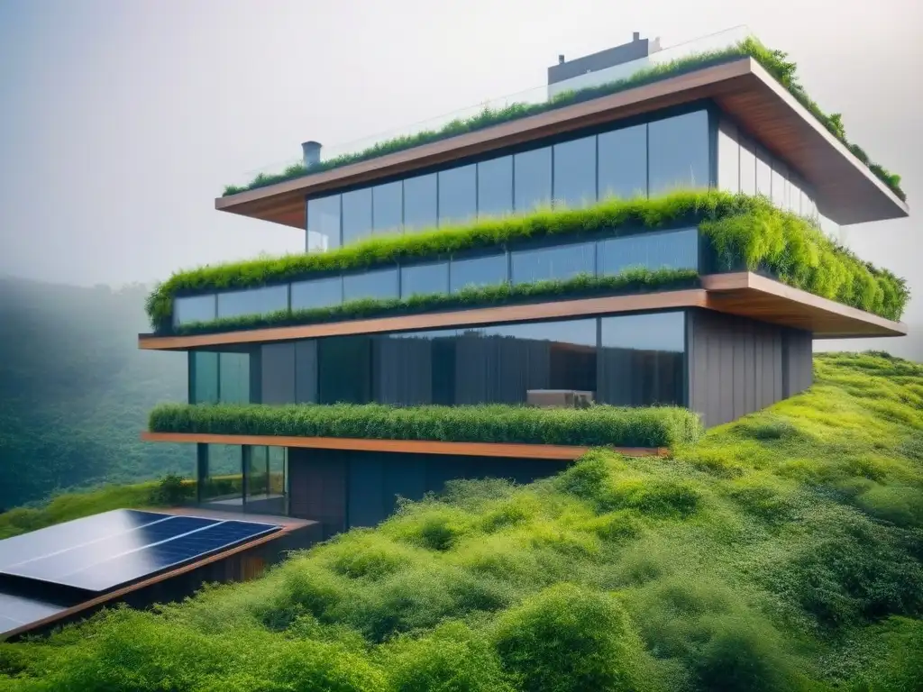 Edificio futurista ecoamigable de materiales sostenibles con diseño innovador y naturaleza exuberante