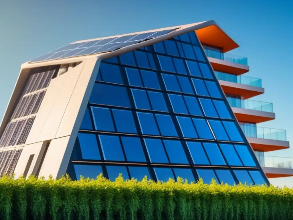 Un edificio futurista con tecnología energía renovable: paneles solares, turbinas eólicas y vegetación, simbolizando un futuro sostenible