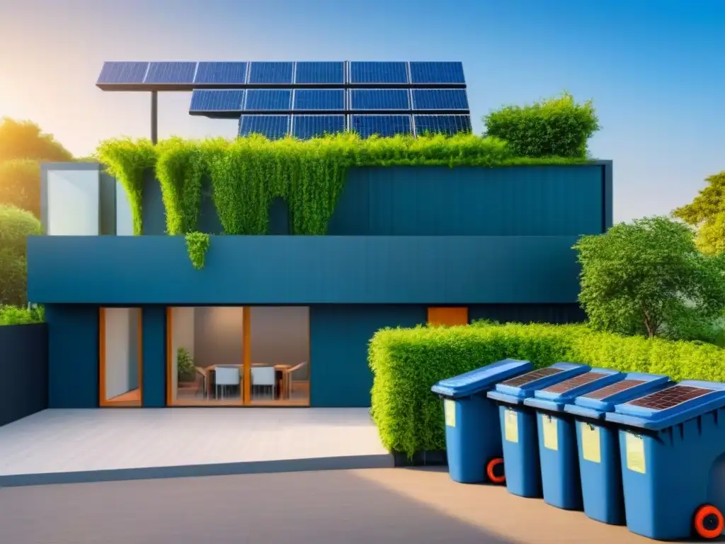 Un edificio inteligente con paneles solares, rodeado de vegetación y contenedores de reciclaje, promoviendo la gestión de residuos