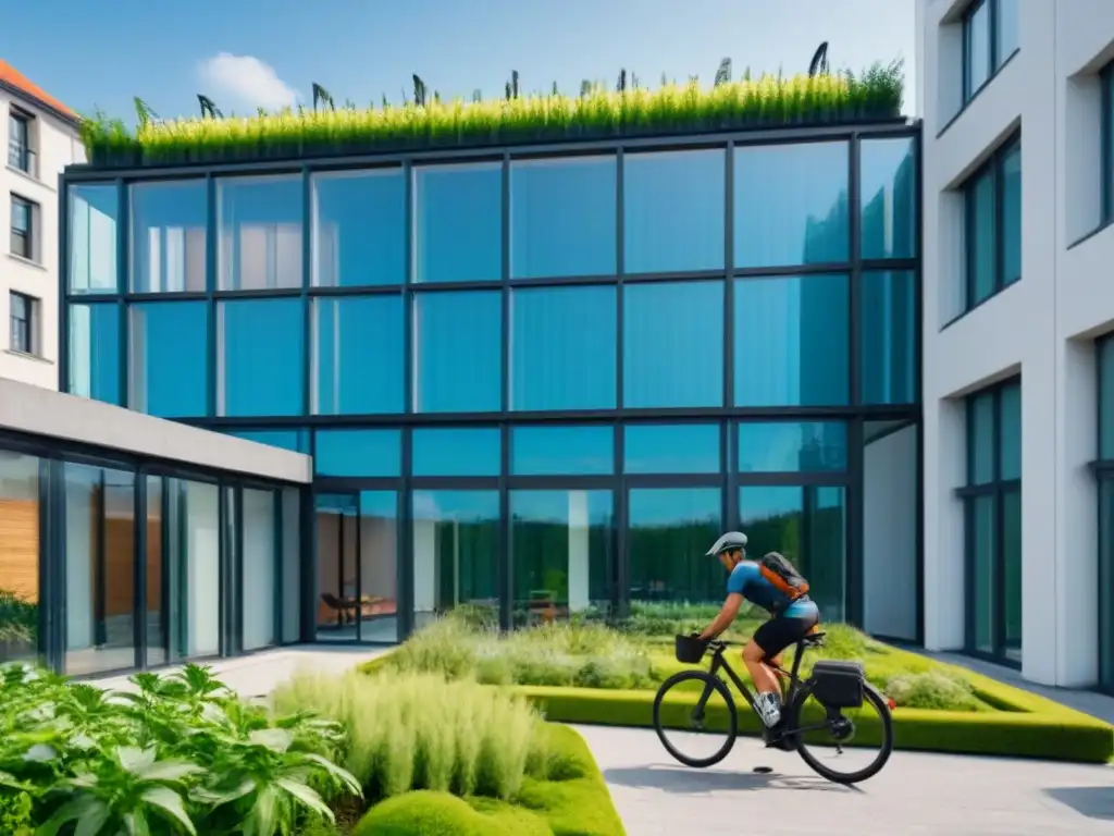 Edificio moderno con arquitectura sostenible y urbanismo verde rodeado de vegetación exuberante y cielo azul