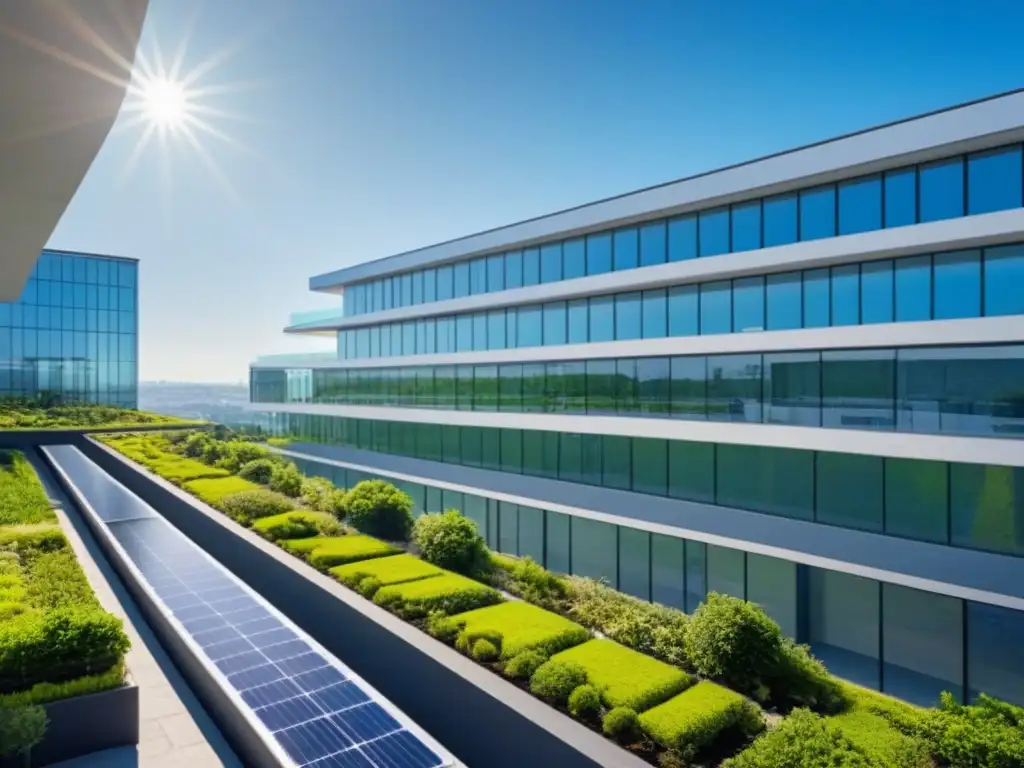 Un edificio moderno con jardín en la azotea y paneles solares, reflejando innovación en finanzas climáticas sostenibles