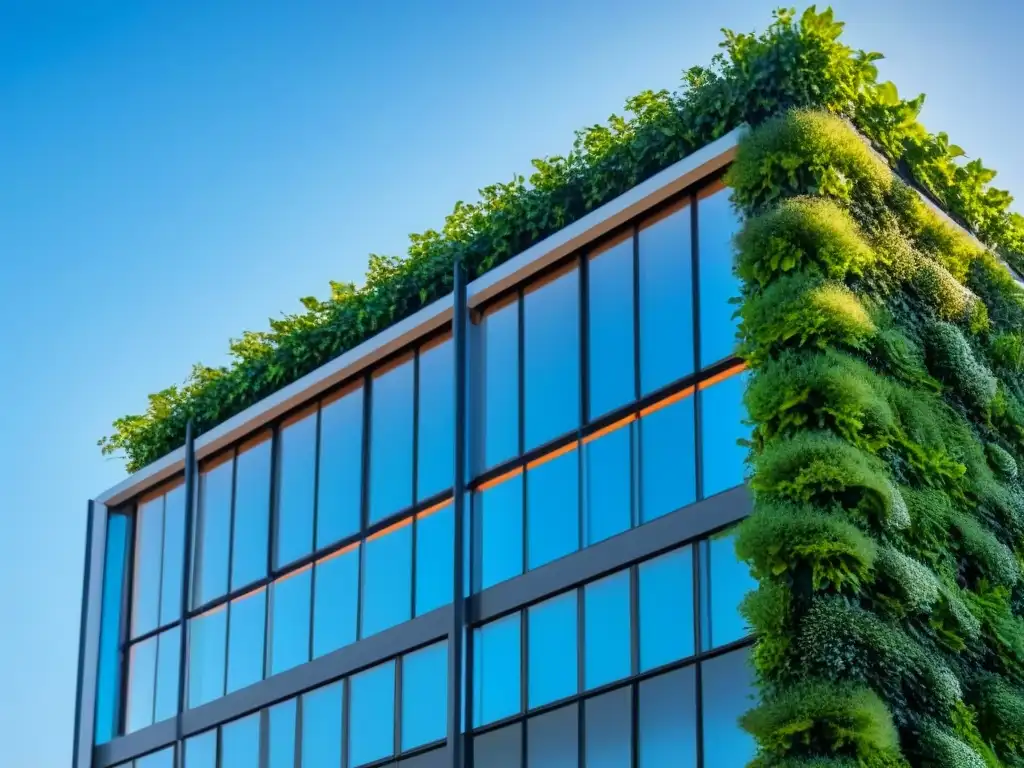 'Edificio moderno certificado LEED con muros verdes y paneles solares, bajo cielo azul