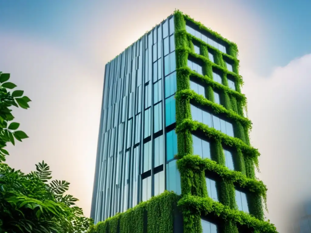 Edificio moderno cubierto de vegetación, fusionando nanotecnología para productos sostenibles en su fachada urbana