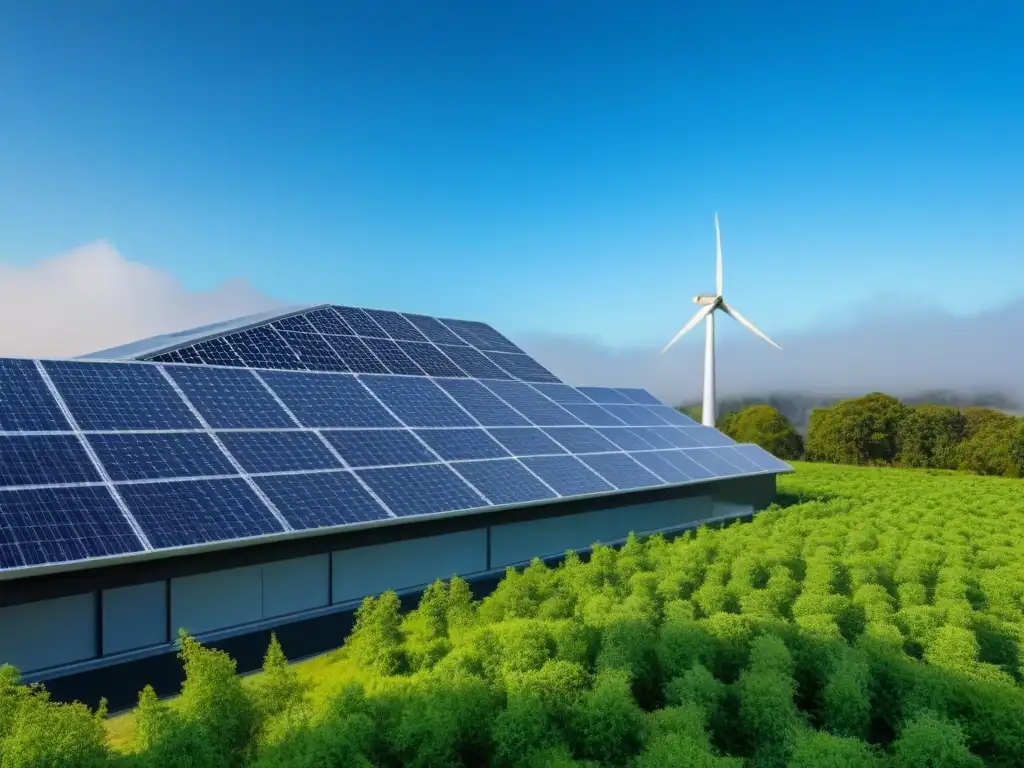 Un edificio moderno y ecológico con paneles solares, rodeado de vegetación exuberante y un cielo azul