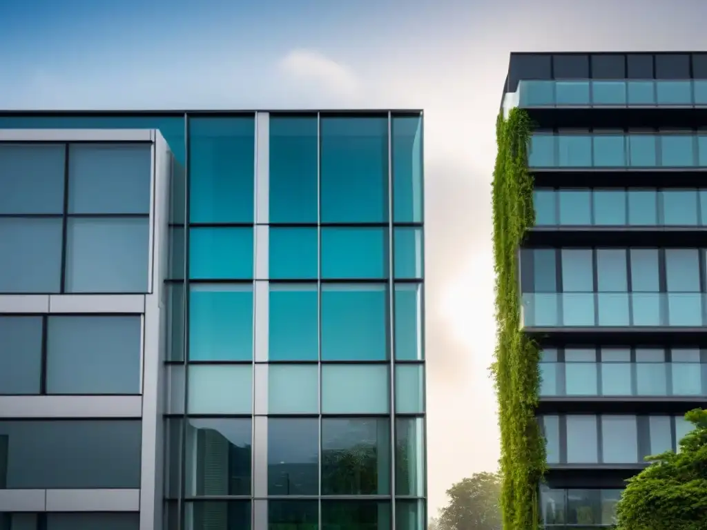 Un edificio moderno y energéticamente eficiente rodeado de vegetación exuberante, reflejando armonía entre naturaleza y arquitectura