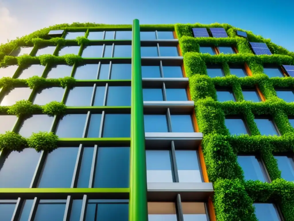 Edificio moderno con fachada verde y paneles solares, rodeado de vegetación