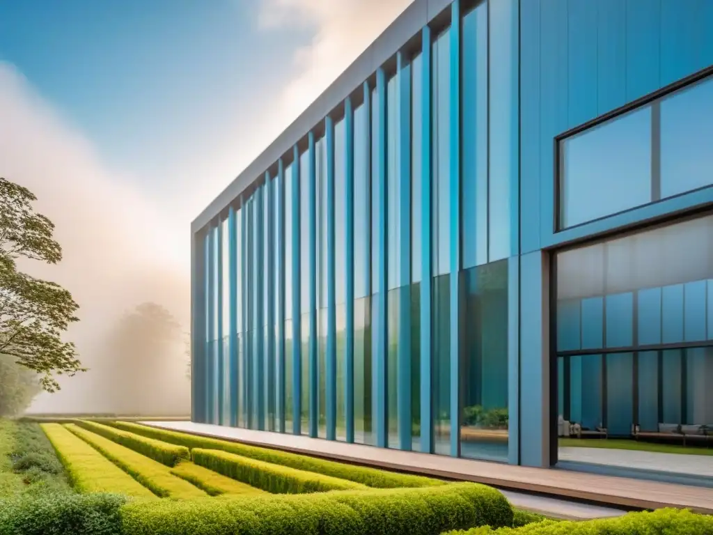 Edificio moderno con ventilación natural en entorno verde y cielo azul claro