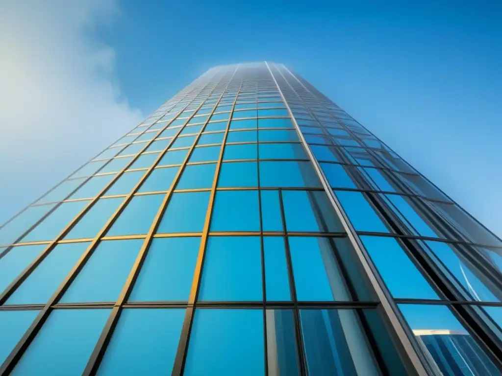 Un edificio moderno con paneles PCM integrados, reflejando el cielo azul