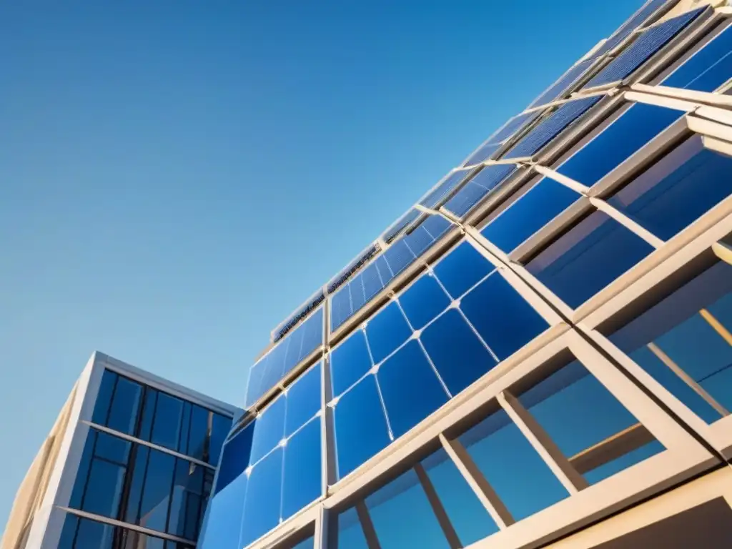 Un edificio moderno con paneles solares integrados, reflejando la luz del sol