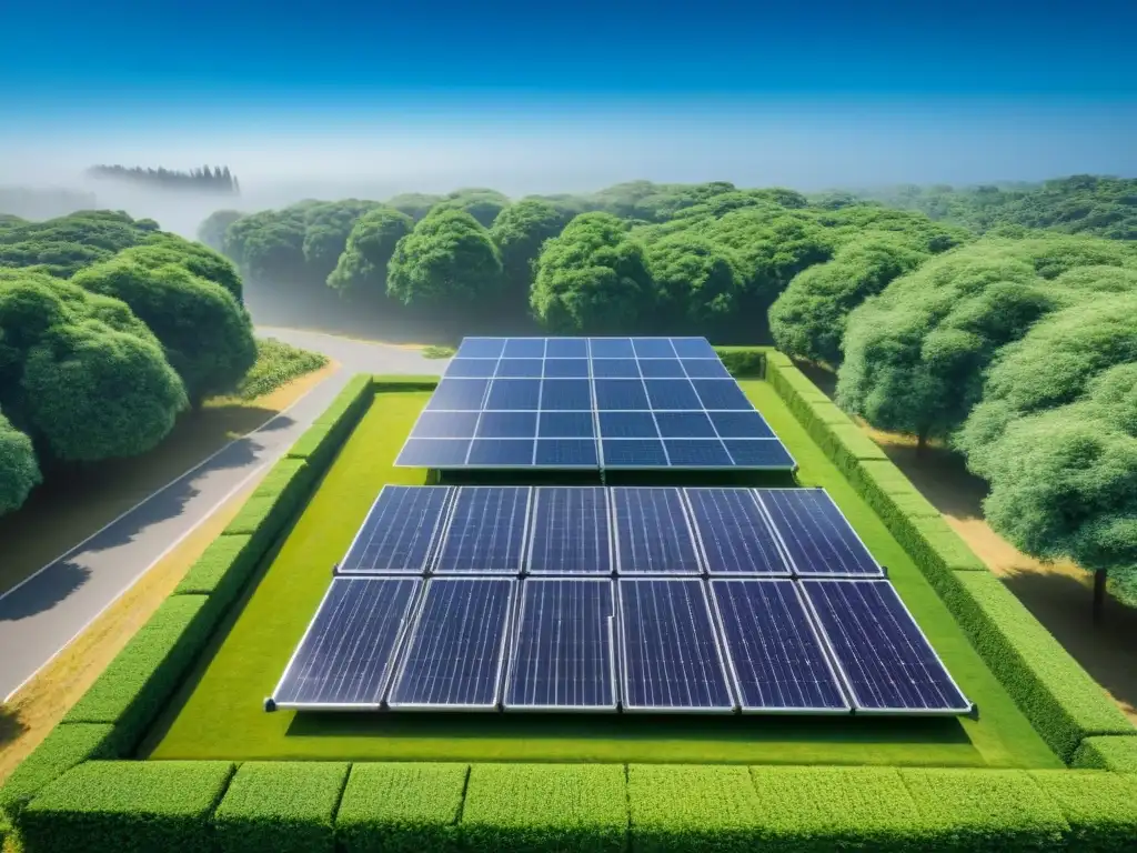 Edificio moderno con paneles solares, rodeado de árboles verdes bajo cielo azul