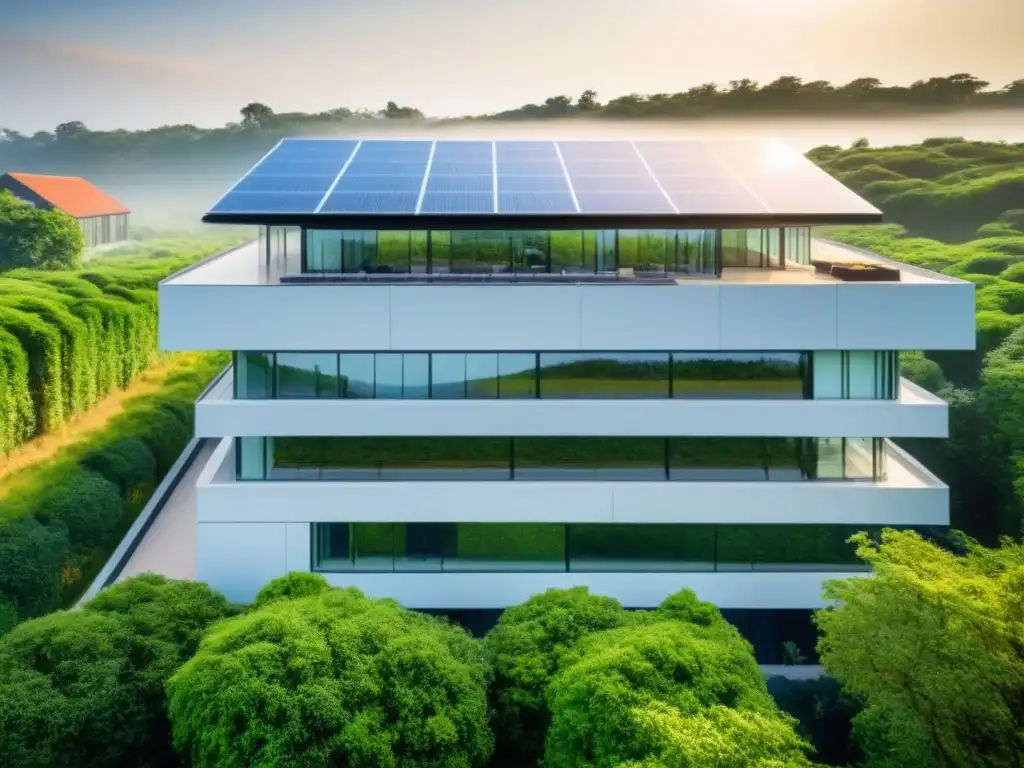 Edificio moderno con paneles solares integrados y vegetación exuberante, simbolizando la coexistencia de energías renovables para empresas sostenibles