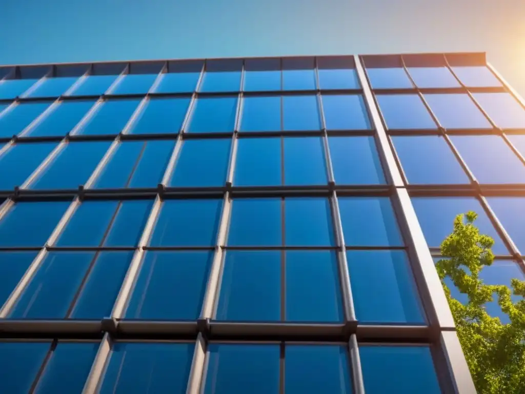 Edificio moderno con paneles solares integrados, reflejando sostenibilidad y armonía entre naturaleza y tecnología