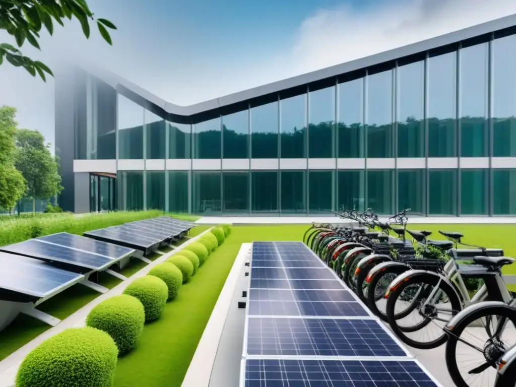 Un edificio moderno con paneles solares en el techo rodeado de vegetación, y un estacionamiento de bicicletas lleno