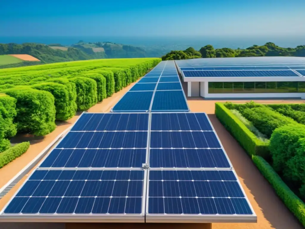 Un edificio moderno con paneles solares en el techo rodeado de vegetación, bajo cielos azules