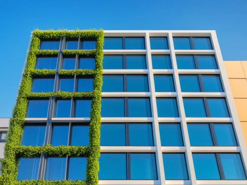 Edificio moderno con paneles solares, paredes verdes y grandes ventanales bajo cielo azul