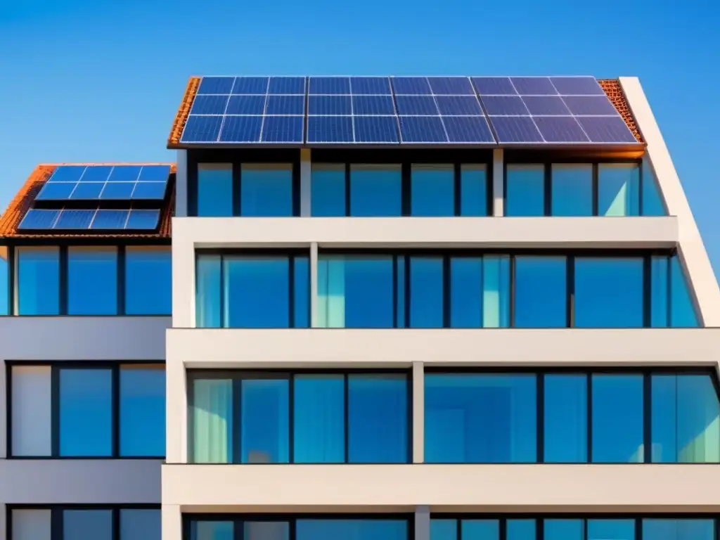 Edificio moderno con paneles solares integrados, representando la armonía entre tecnología renovable y arquitectura contemporánea