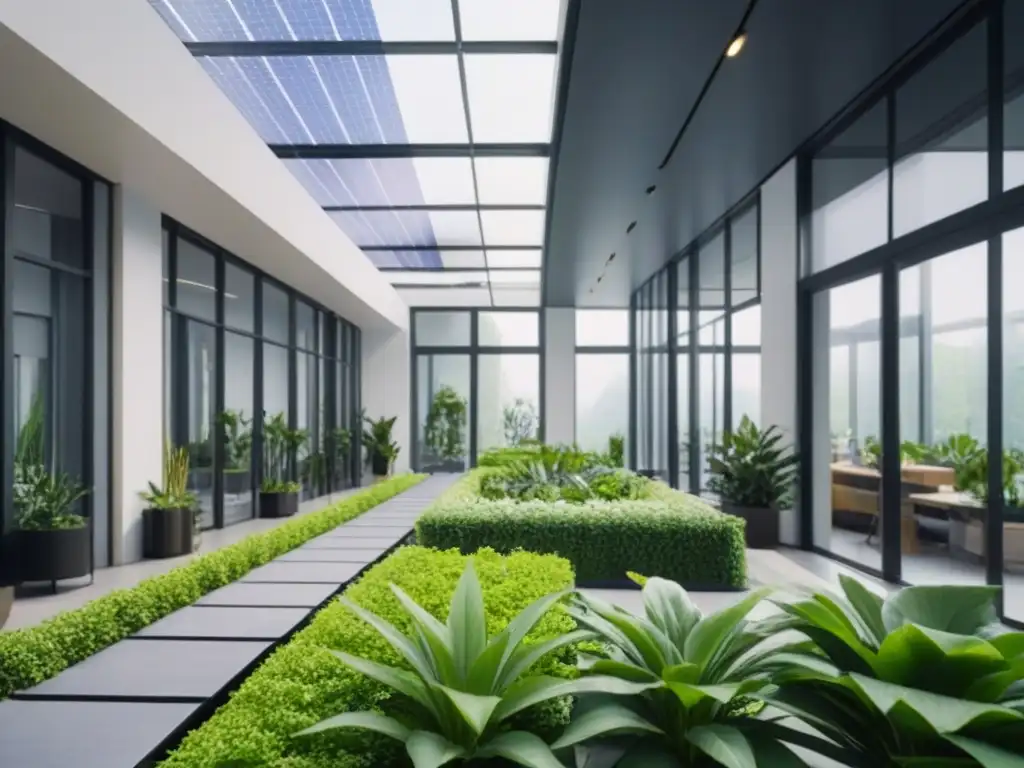 Edificio moderno rodeado de vegetación, con paneles solares y empleados colaborando en un espacio lleno de luz natural y diseño sostenible