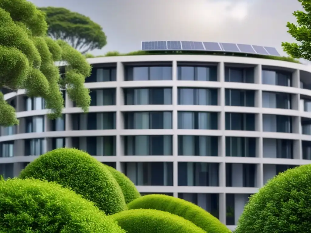 Edificio moderno circular rodeado de vegetación y paneles solares, modelo circular sostenibilidad empresas