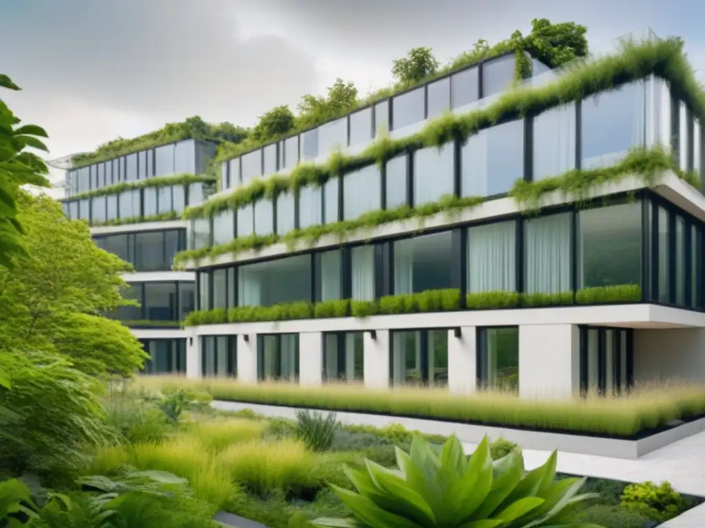 Un edificio moderno y sostenible se integra armoniosamente en un entorno urbano verde, destacando la arquitectura sostenible y el urbanismo verde