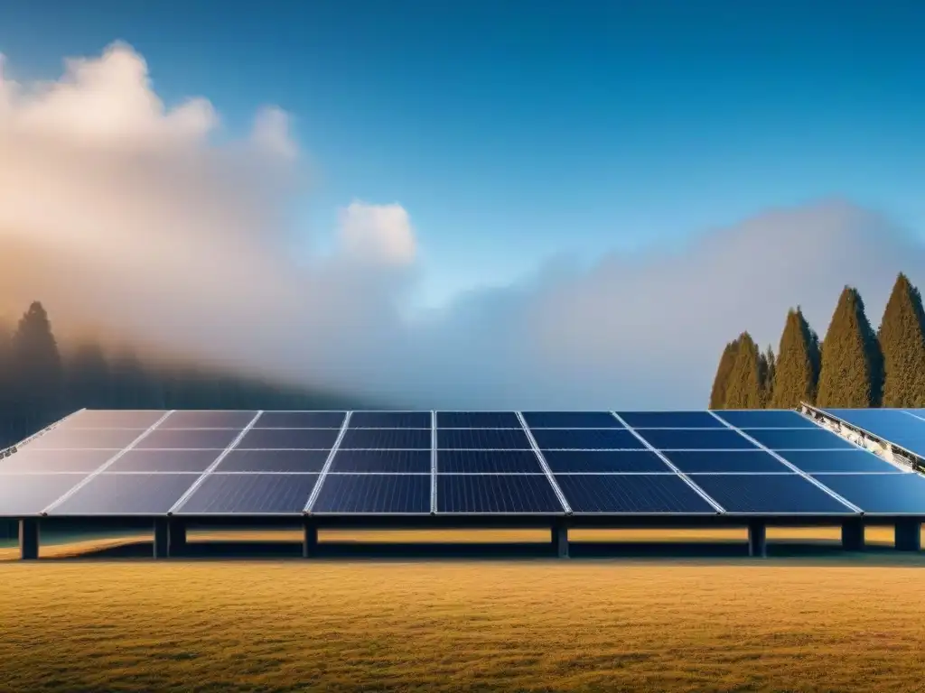 Un edificio moderno con tecnología de energía renovable se baña en luz solar, resaltando su diseño sostenible y elegante