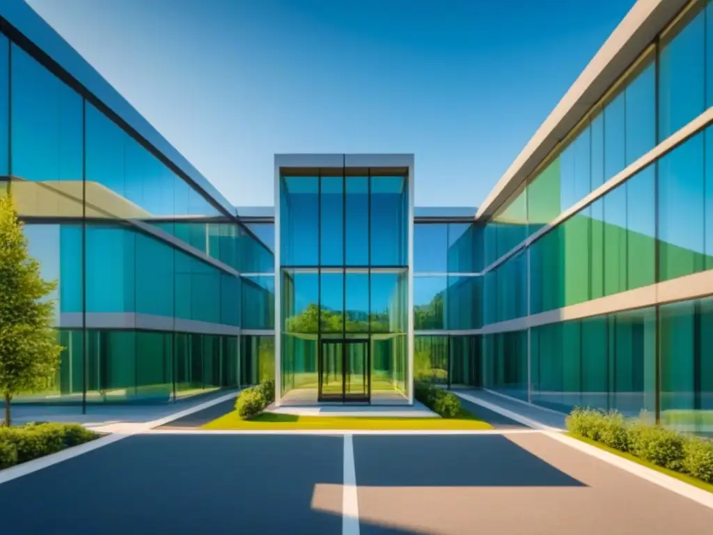 Edificio moderno con ventanas de vidrio reciclado, reflejando el paisaje verde bajo cielo azul