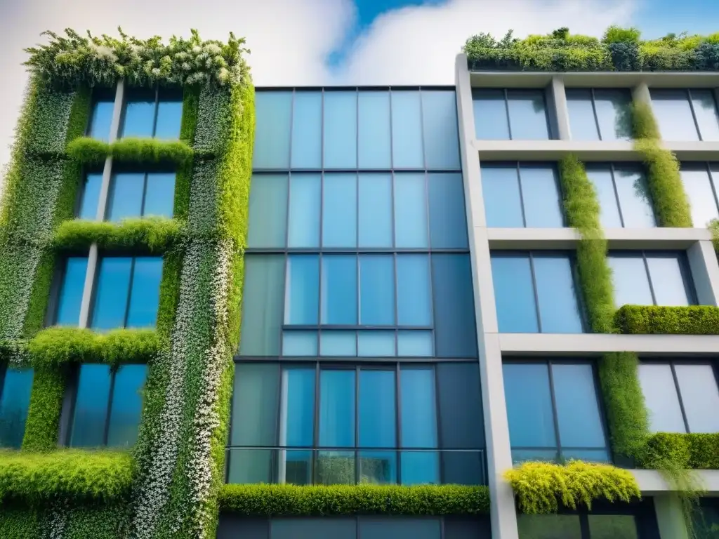 Edificio moderno con jardín verde reflejado en ventanas, paneles solares y jardín vertical