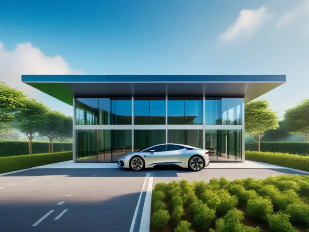 Un edificio de oficinas ecológico rodeado de naturaleza, paneles solares y estaciones de carga para autos eléctricos