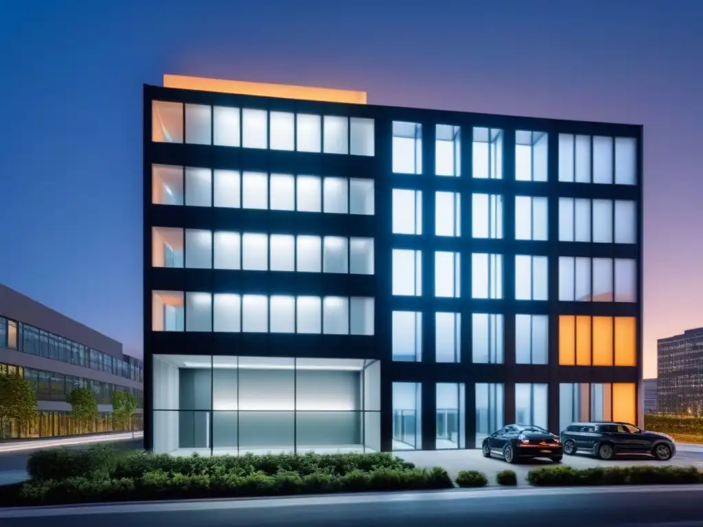 Un edificio de oficinas minimalista iluminado por luces LED eficientes en energía, ejemplificando la eficiencia energética en empresas sostenibles