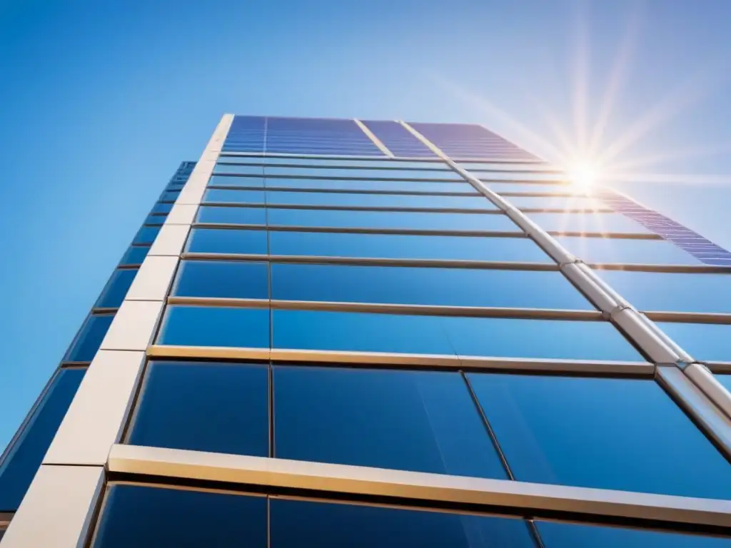 Un edificio de oficinas moderno, elegante y sostenible, con energías renovables para empresas sostenibles, bajo un cielo azul brillante