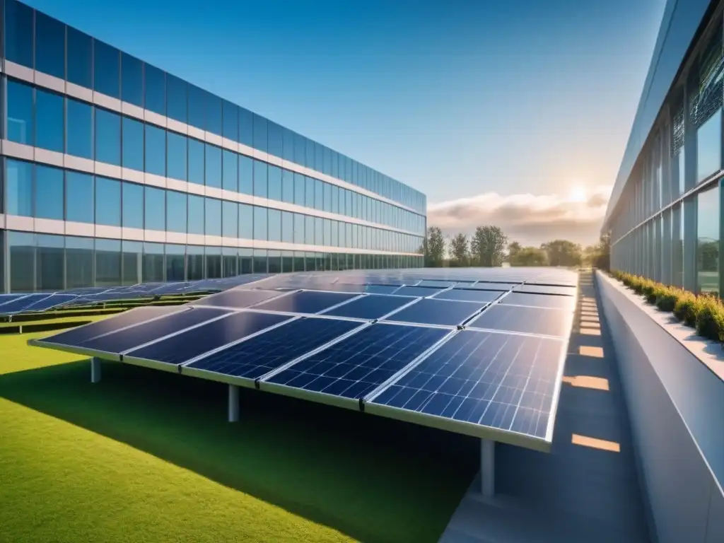 Un edificio de oficinas moderno con paneles solares integrados, simbolizando negocios sostenibles