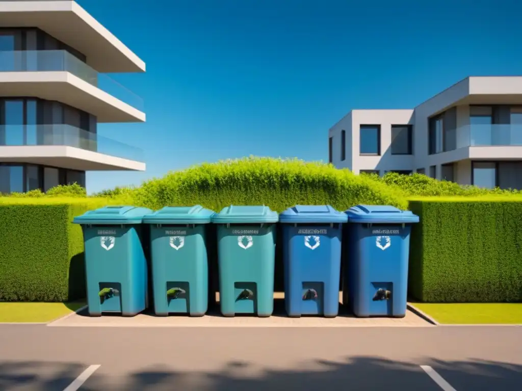 Un edificio residencial moderno con sistemas de reciclaje en vecindarios, rodeado de plantas verdes bajo un cielo azul claro