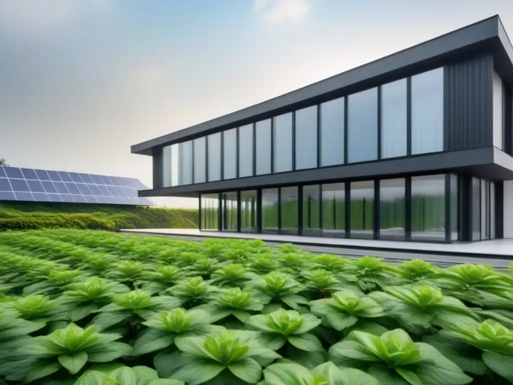 Edificio sostenible con arquitectura pasiva rodeado de vegetación, grandes ventanales y paneles solares en el techo