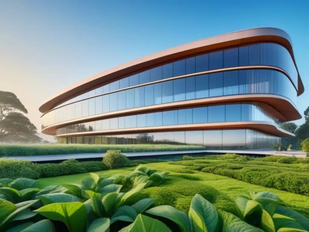 Edificio sostenible y ecológico integrado con la naturaleza en un diseño futurista y minimalista