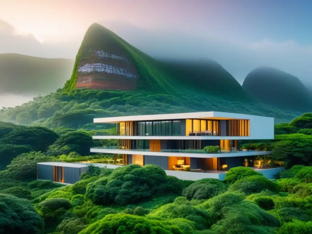 Arquitectura sostenible en armonía con la naturaleza urbana Un edificio sostenible se integra armoniosamente en un entorno urbano exuberante, respetando la biodiversidad