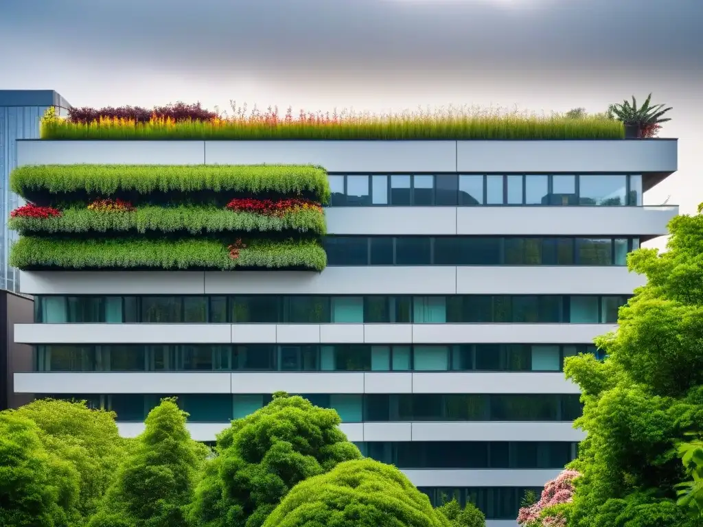 Edificio moderno con naturaleza: arquitectura sostenible Edificio sostenible fusionado con naturaleza, promoviendo la biodiversidad urbana