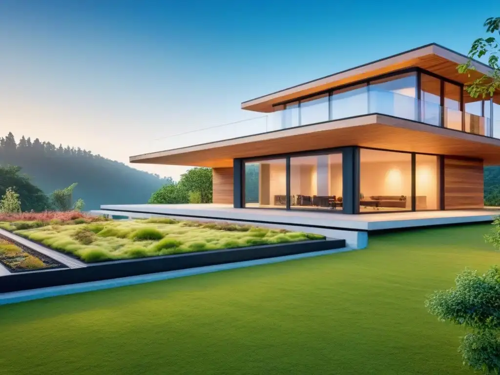 Edificio sostenible de materiales naturales rodeado de vegetación, con paneles solares y techos verdes