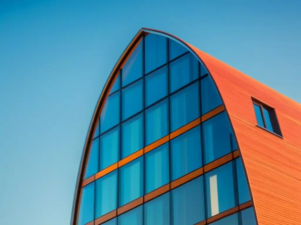 Edificio sostenible de materiales reciclados, innovador diseño destacando la ecoconstrucción frente a cielo azul