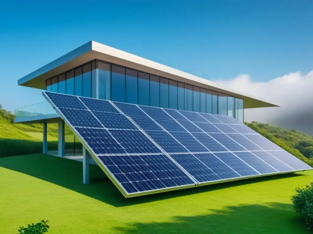 Un edificio sostenible moderno con paneles solares, rodeado de vegetación, bajo un cielo azul