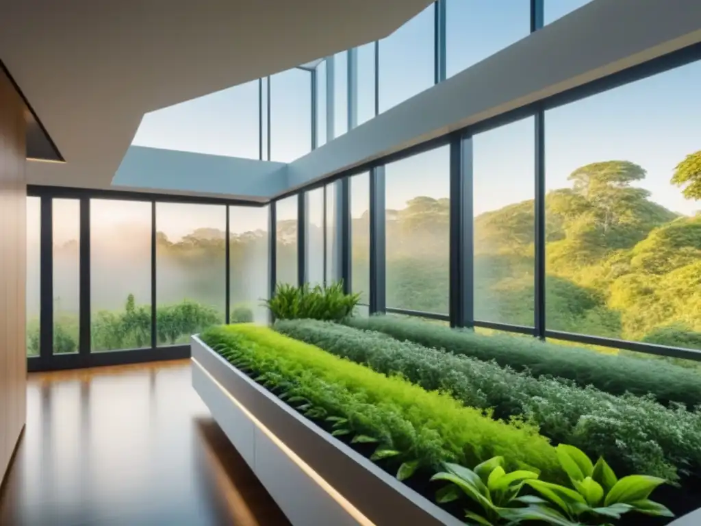 Un edificio sostenible con ventilación natural y diseño moderno rodeado de vegetación