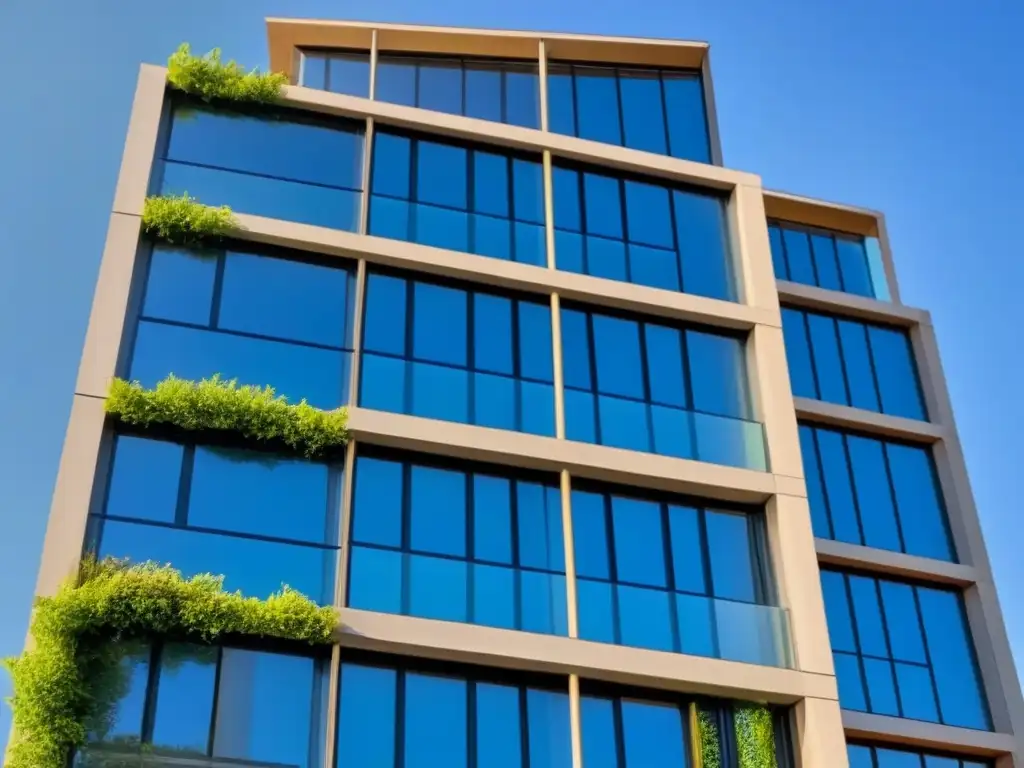 Edificio sostenible con paneles solares integrados, ventanas amplias y vegetación en fachada, resalta eficiencia energética en orientación