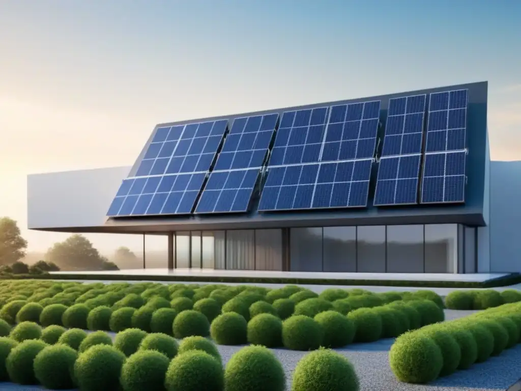 Edificio sostenible con paneles solares, ventanas amplias y vegetación integrada