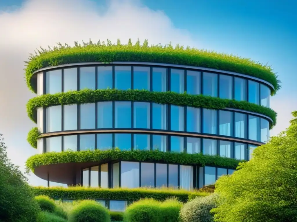 Edificio sostenible rodeado de vegetación, con arquitectura verde innovadora y paneles solares