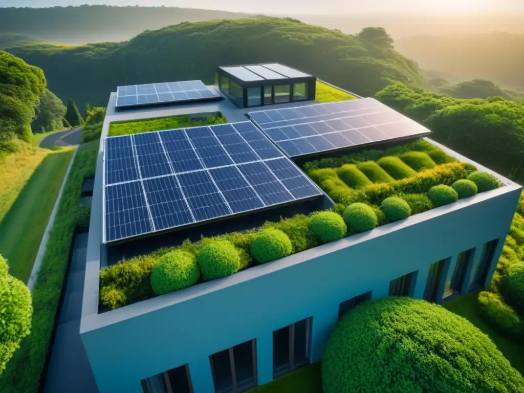 Edificio sostenible con techos verdes, paneles solares y ventanas amplias para reducir huella carbono construcción sostenible