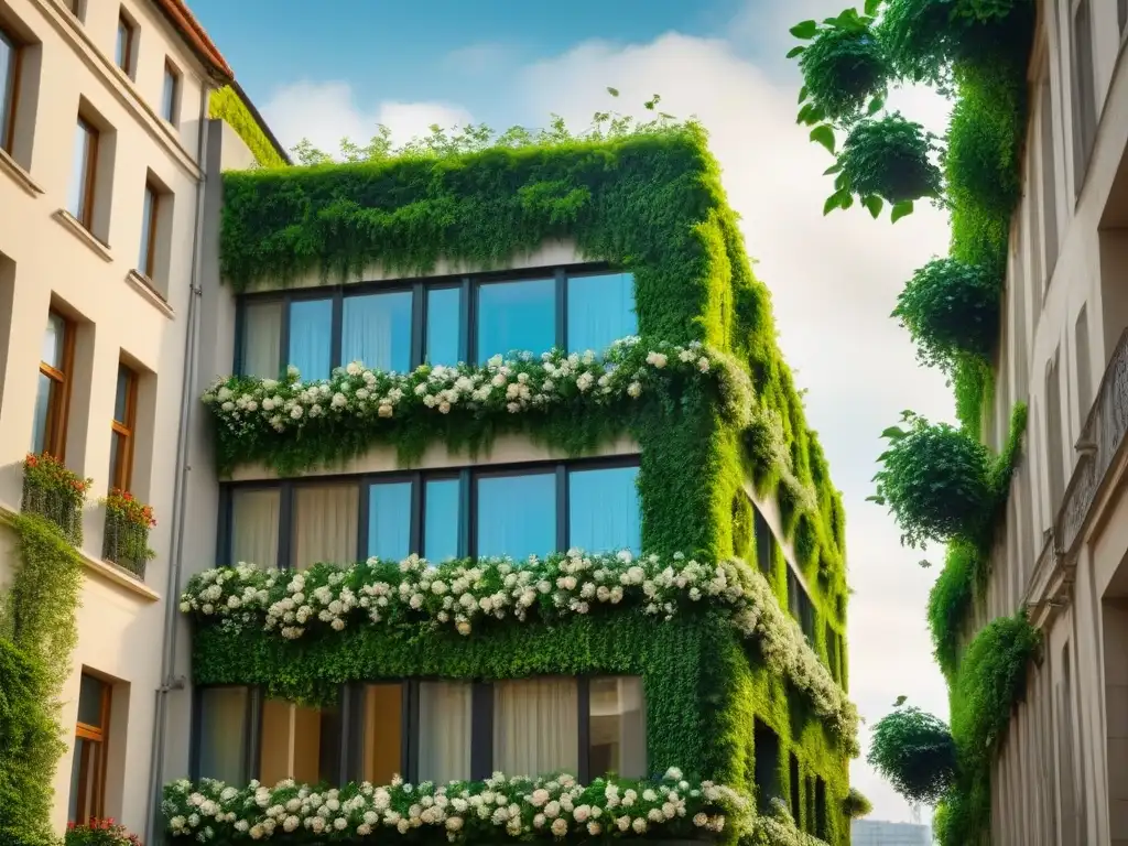 Un edificio urbano cubierto de exuberante vegetación, con muros verdes y flores vibrantes, destaca en la ciudad