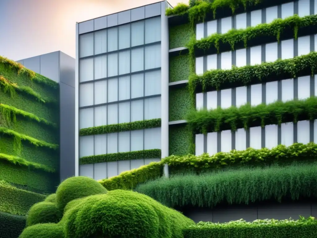 Un edificio urbano moderno cubierto de exuberantes jardines verticales verdes, resalta la integración de muros verdes beneficios urbanos