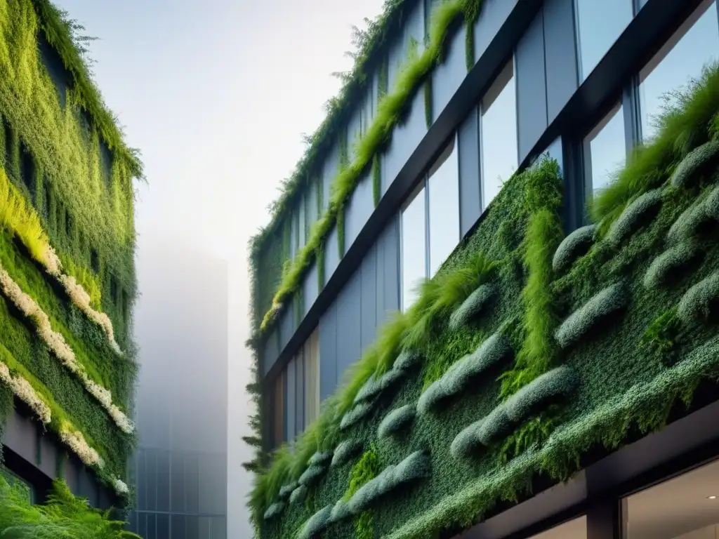 Un edificio urbano moderno cubierto de exuberantes jardines verticales, destacando la integración armoniosa de la naturaleza en la arquitectura urbana