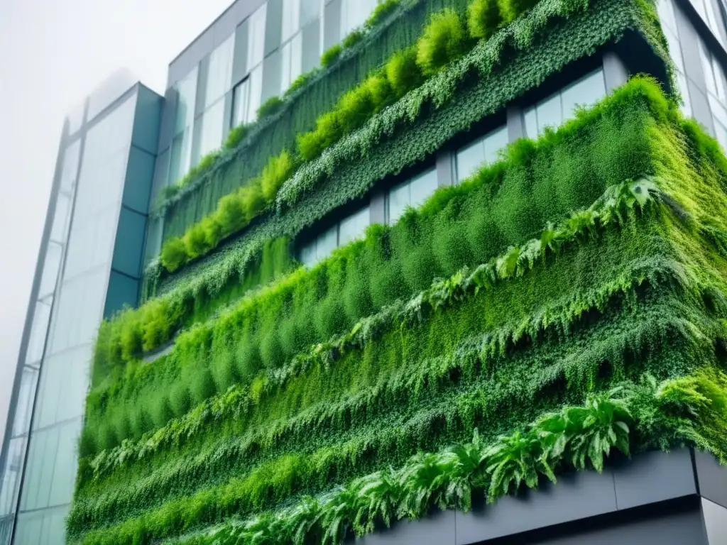 Un edificio urbano moderno con muro verde, fusionando naturaleza y arquitectura